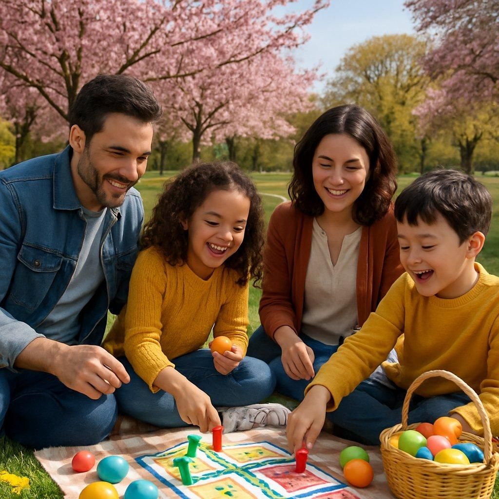 Famille souriante partageant jeux de société et chasse aux œufs colorés dans un parc fleuri d’Île-de-France au printemps.