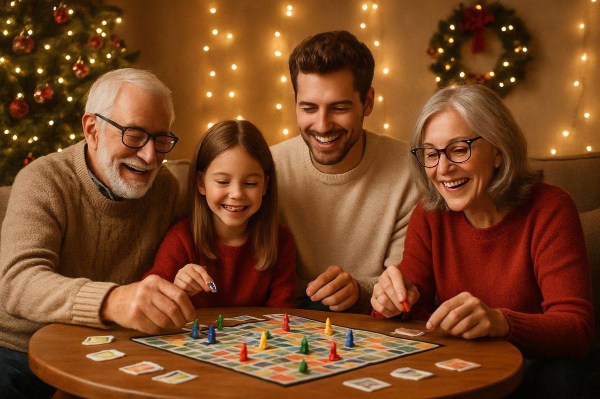 Famille souriante réunie autour d’une table de jeux de société décorée pour Noël, ambiance chaleureuse et festive.