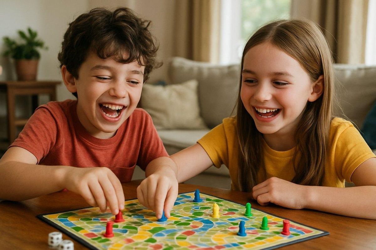 Fratrie heureuse partage un moment convivial en jouant à un jeu de société, renforçant leur complicité.