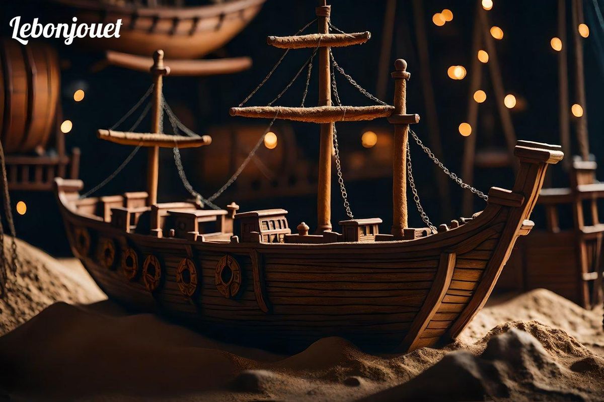 Galion en bois : une réminiscence des jeux d'antan, naviguant entre Moyen-Âge et Renaissance.