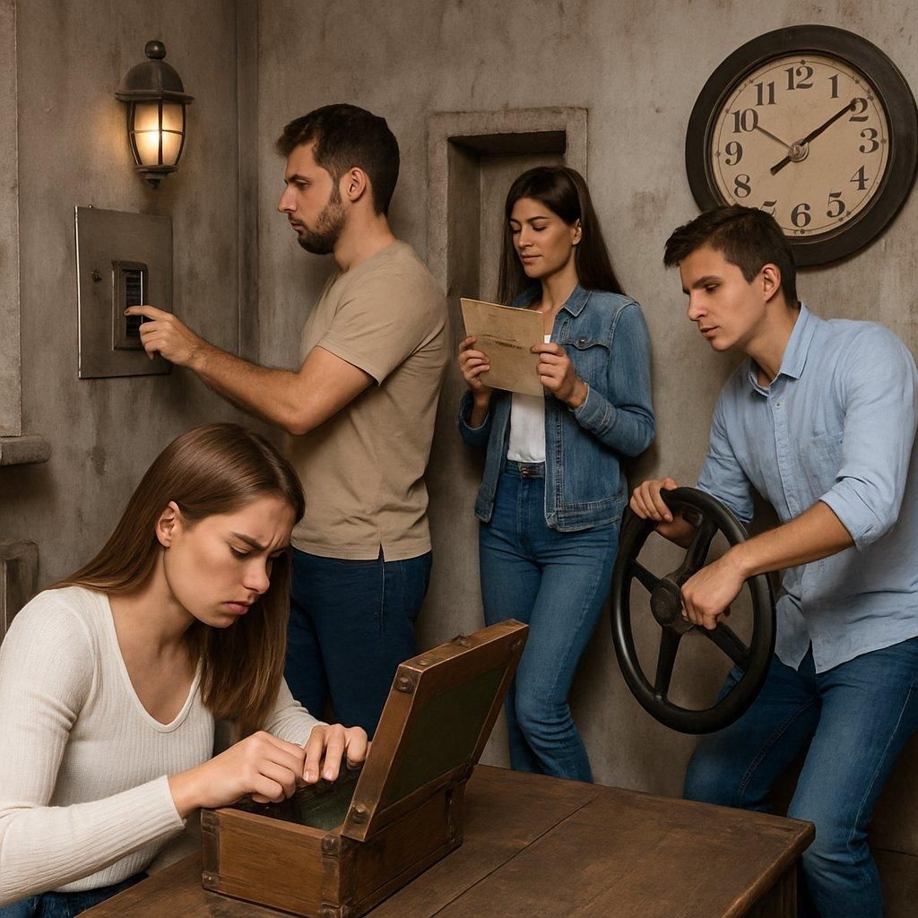 Groupe de personnes jouant à un escape room game avec application et matériel tactile à la maison.