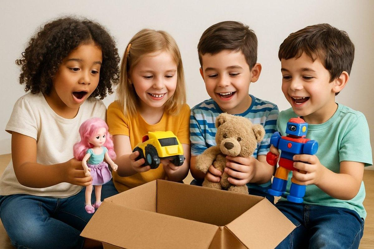 Groupe d’enfants unboxing toys Labubu, découvrant avec enthousiasme leurs surprises favorites.