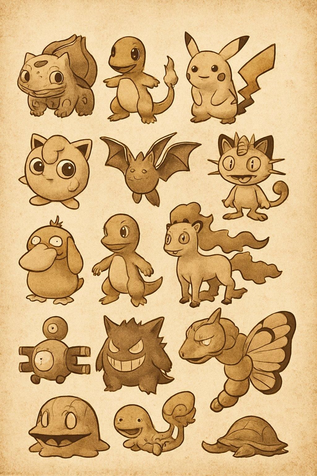Illustration dynamique de Pokémon vintage de la première génération, mettant en valeur Pikachu, Dracaufeu, Magicarpe et légendaires.