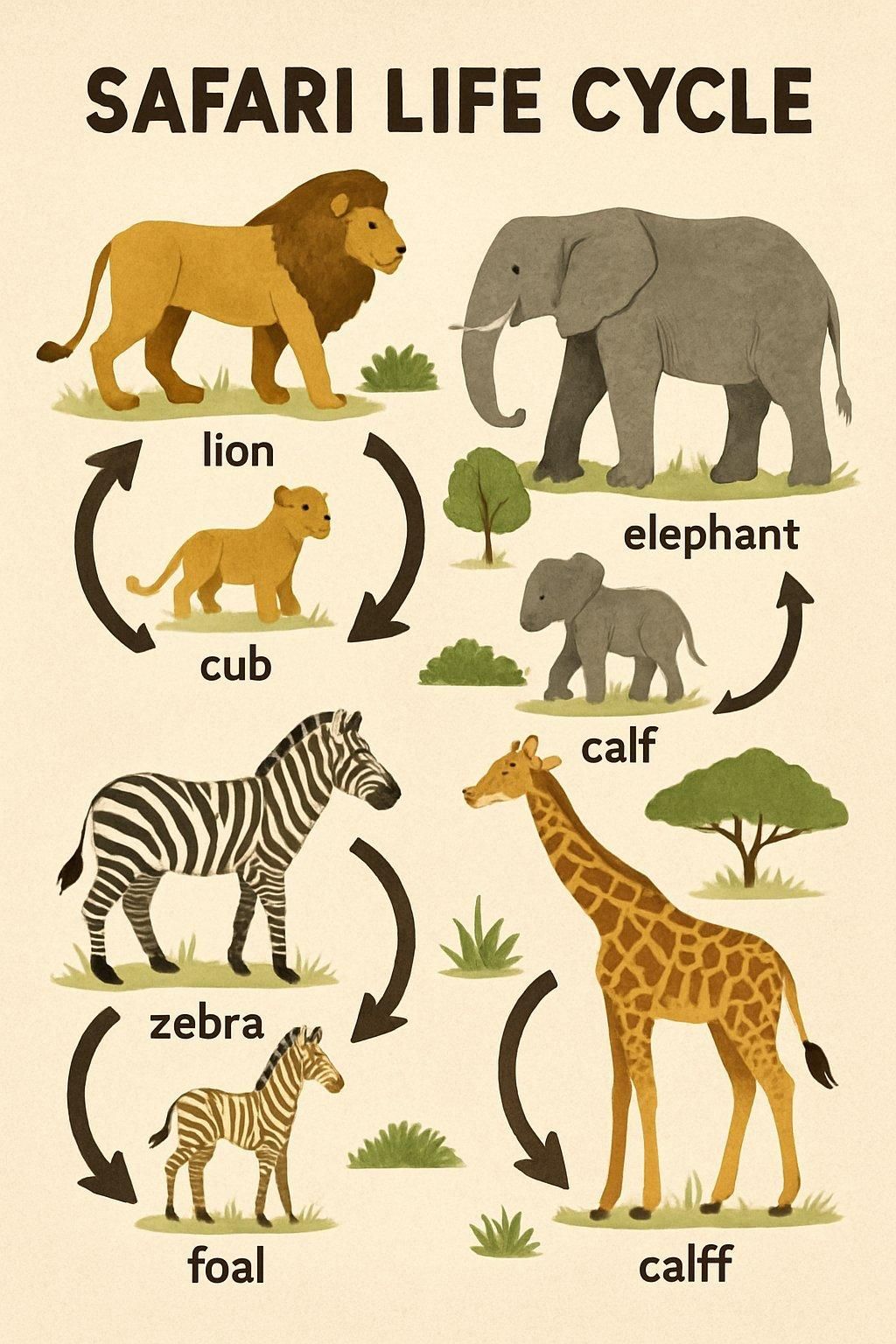 Illustration éducative du cycle de la vie dans la savane, mettant en scène les personnages du Roi Lion lors d'un safari life cycle illustration.