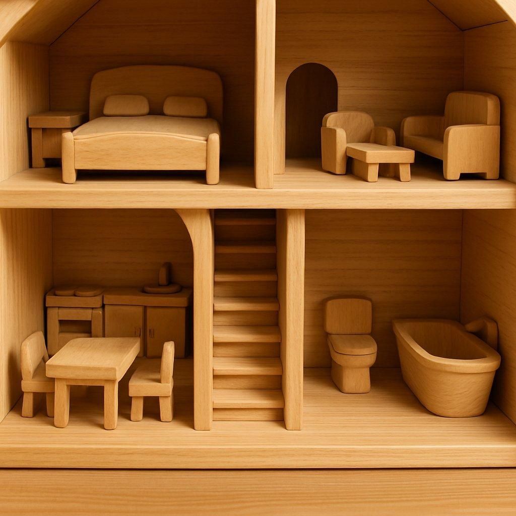 Intérieur d'une maison de poupée en bois avec mobilier naturel, idéale pour stimuler la créativité des enfants.