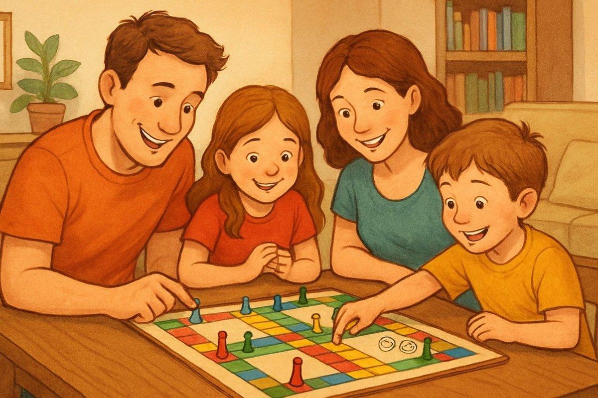 Jeu de société en famille avec enfants, pièces colorées, rires et convivialité pour tous les âges.