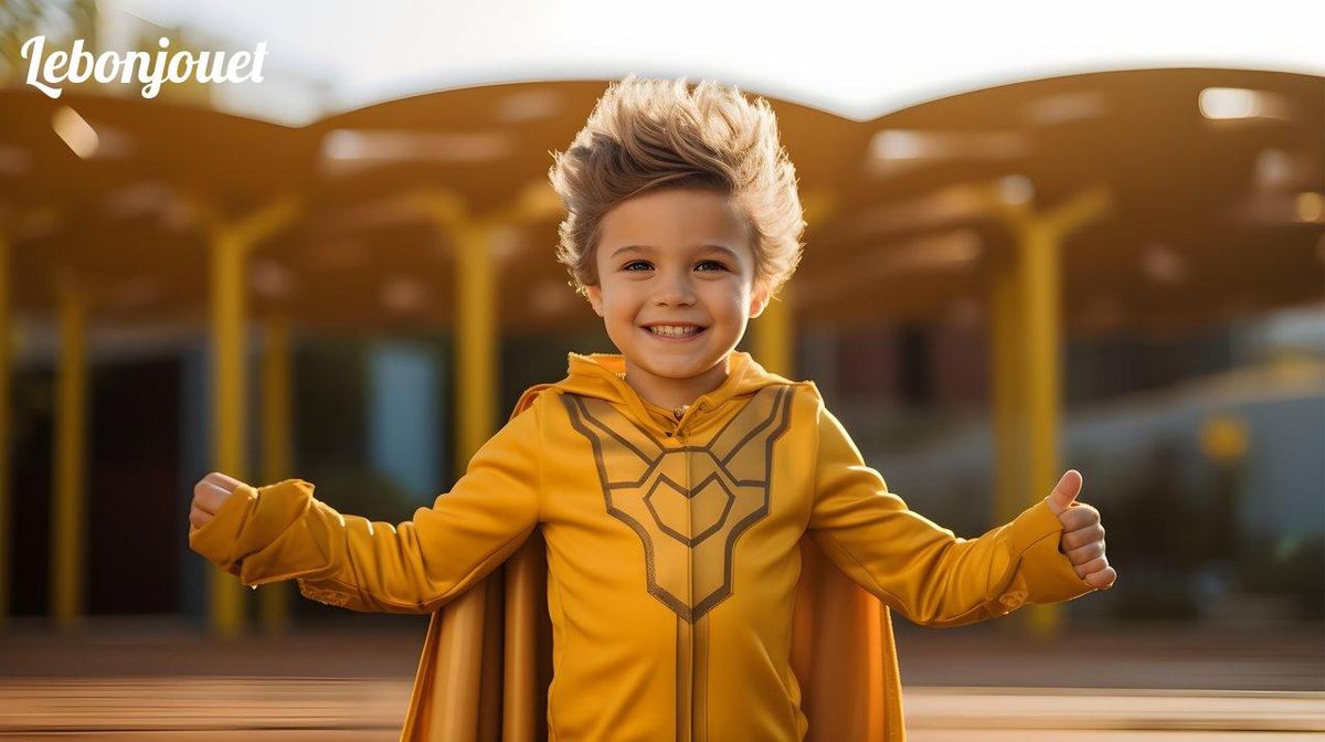 Jeune héros en costume doré prêt à sauver le monde : complétez l'ensemble avec un casque Avengers !