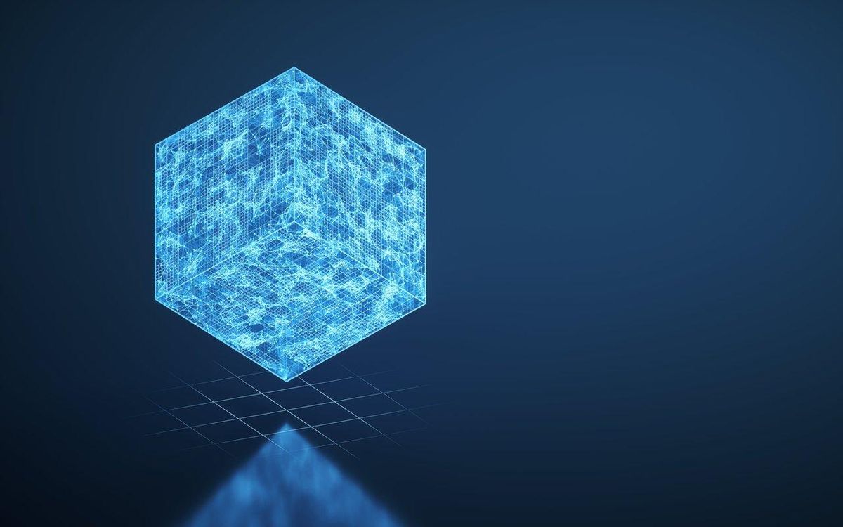 Le glowing blue cosmic cube (Tesseract) flottant dans un espace cosmique lumineux symbolise le pouvoir mystérieux des Avengers.