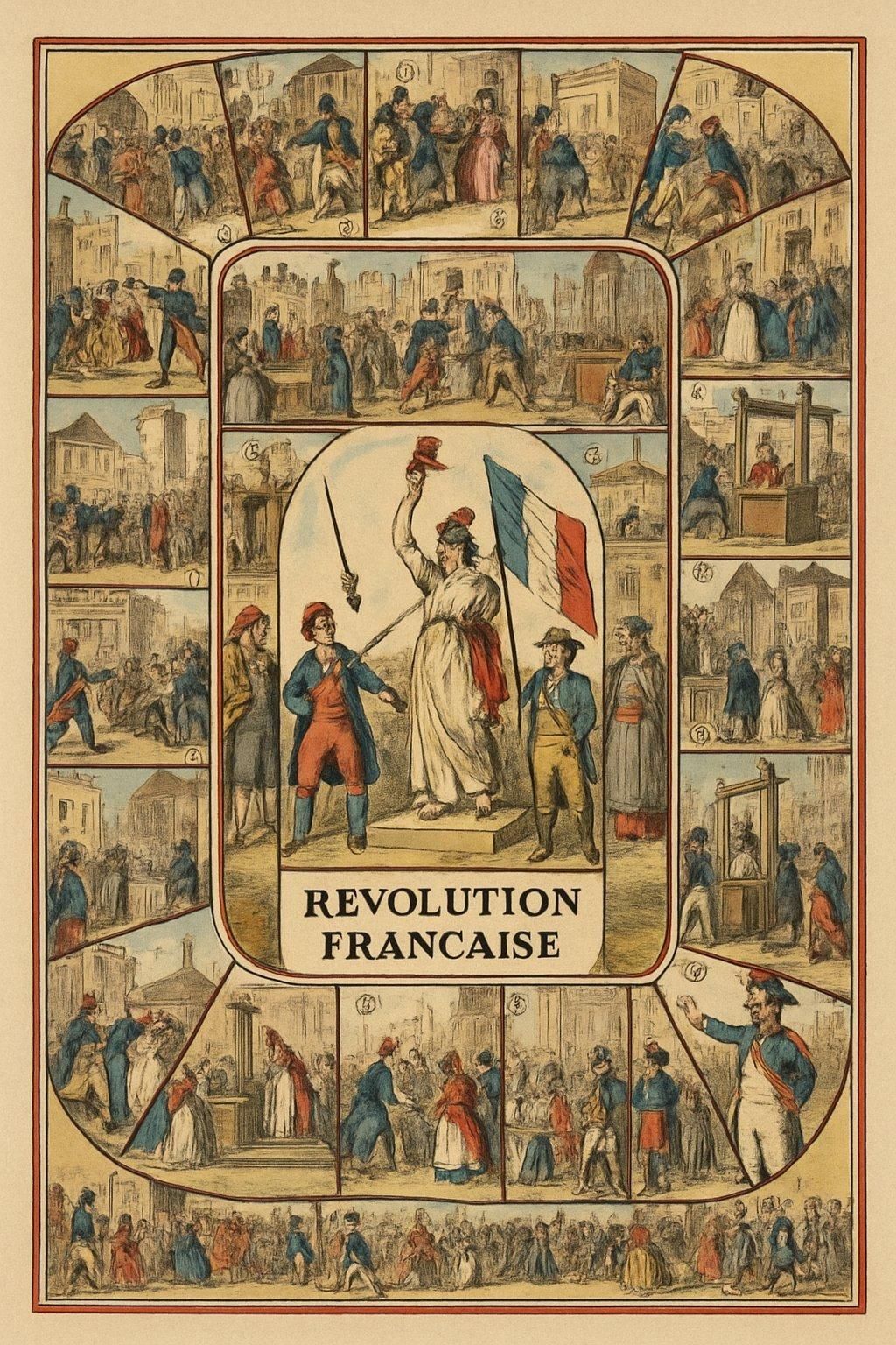 Lithographie colorée illustrant un jeu de société sur la Révolution française, représentant une French Revolution boardgame lithograph.