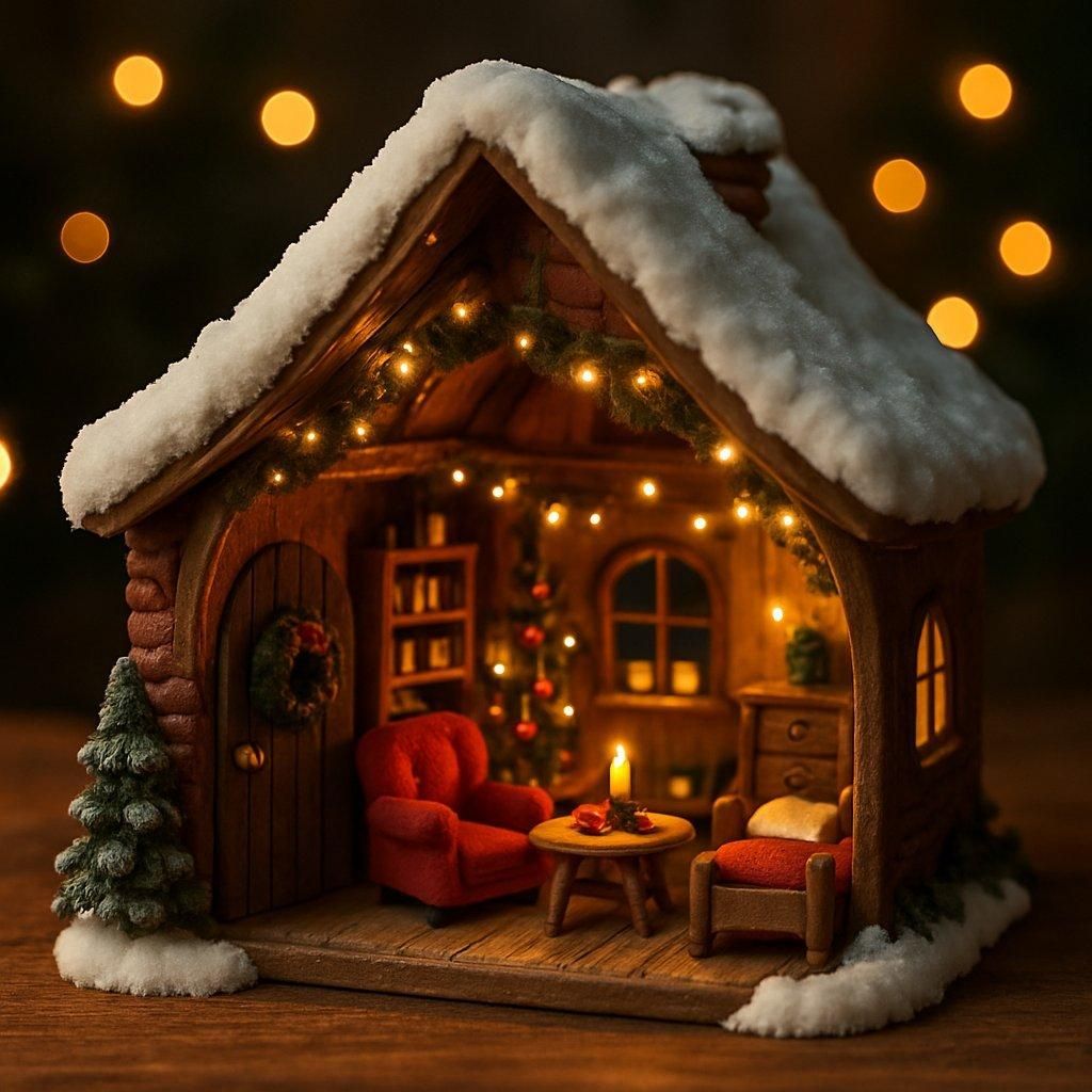 Maison de lutin de Noël miniature avec toit enneigé, intérieur cosy décoré de meubles miniatures et guirlandes LED scintillantes.