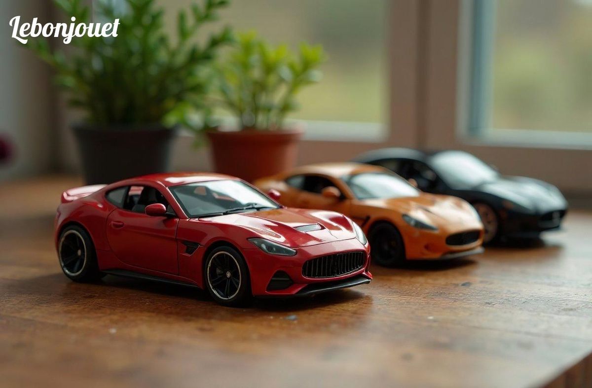 Miniatures vives sur table boisée, inspirent jeu et apprentissage dans l'univers Cars.