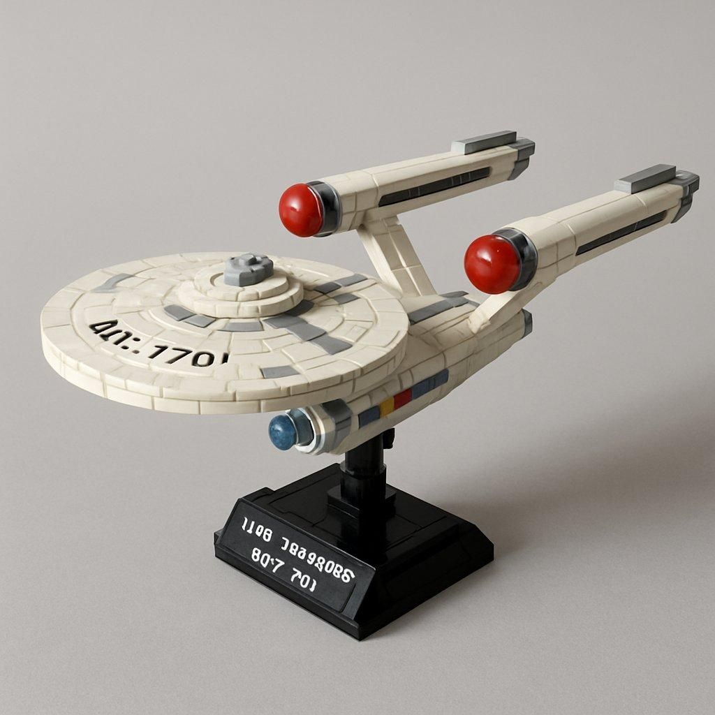 Modèle Lego Star Trek Enterprise NCC-1701-D avec minifigurines dans un décor spatial détaillé.
