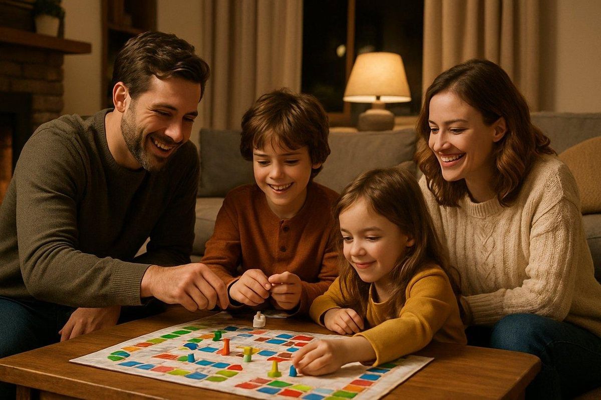 Moments en famille autour de jeux de société dans un cozy living room, idéale pour le Black Friday.