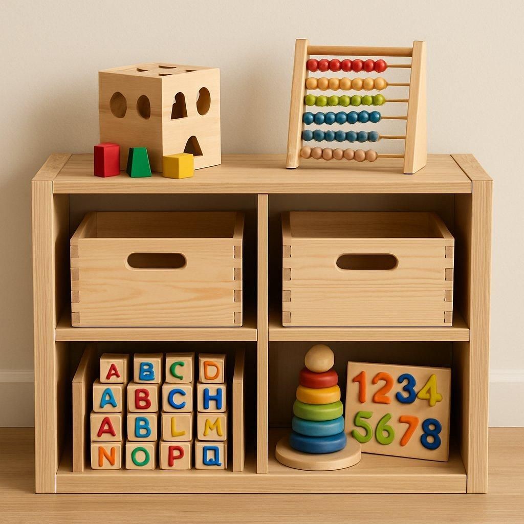 Organisation soignée des jeux éducatifs en bois dans un espace de rangement aéré pour préserver leur qualité.