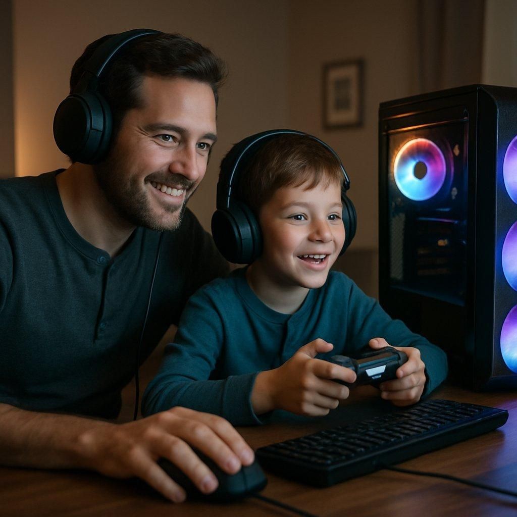 Parent et enfant jouant à Roblox sur ordinateur, favorisant l’échange et la surveillance active.