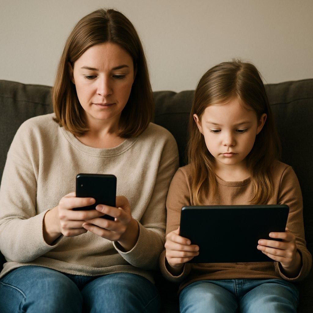 Parent et enfant partageant un moment convivial autour de l'écran, illustrant une gestion équilibrée du temps d’écran.