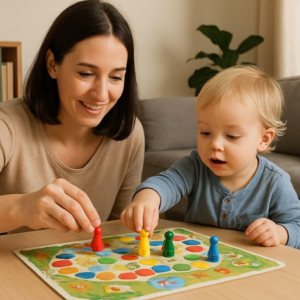 Parent et tout-petit découvrent un jeu de société coopératif coloré avec des pièces en bois adaptées aux petites mains.