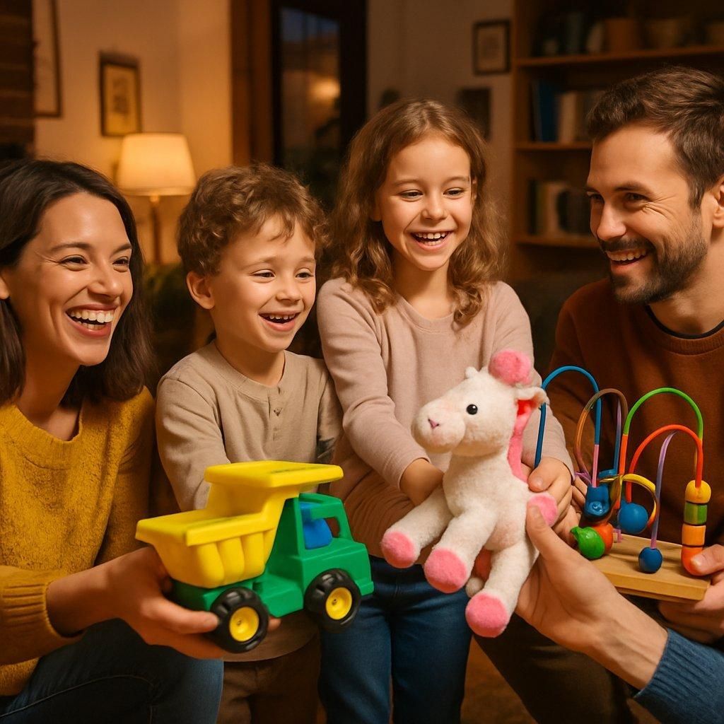 Parents et enfants souriants échangeant joyeusement des jouets colorés lors d’une soirée troc conviviale en intérieur chaleureux.