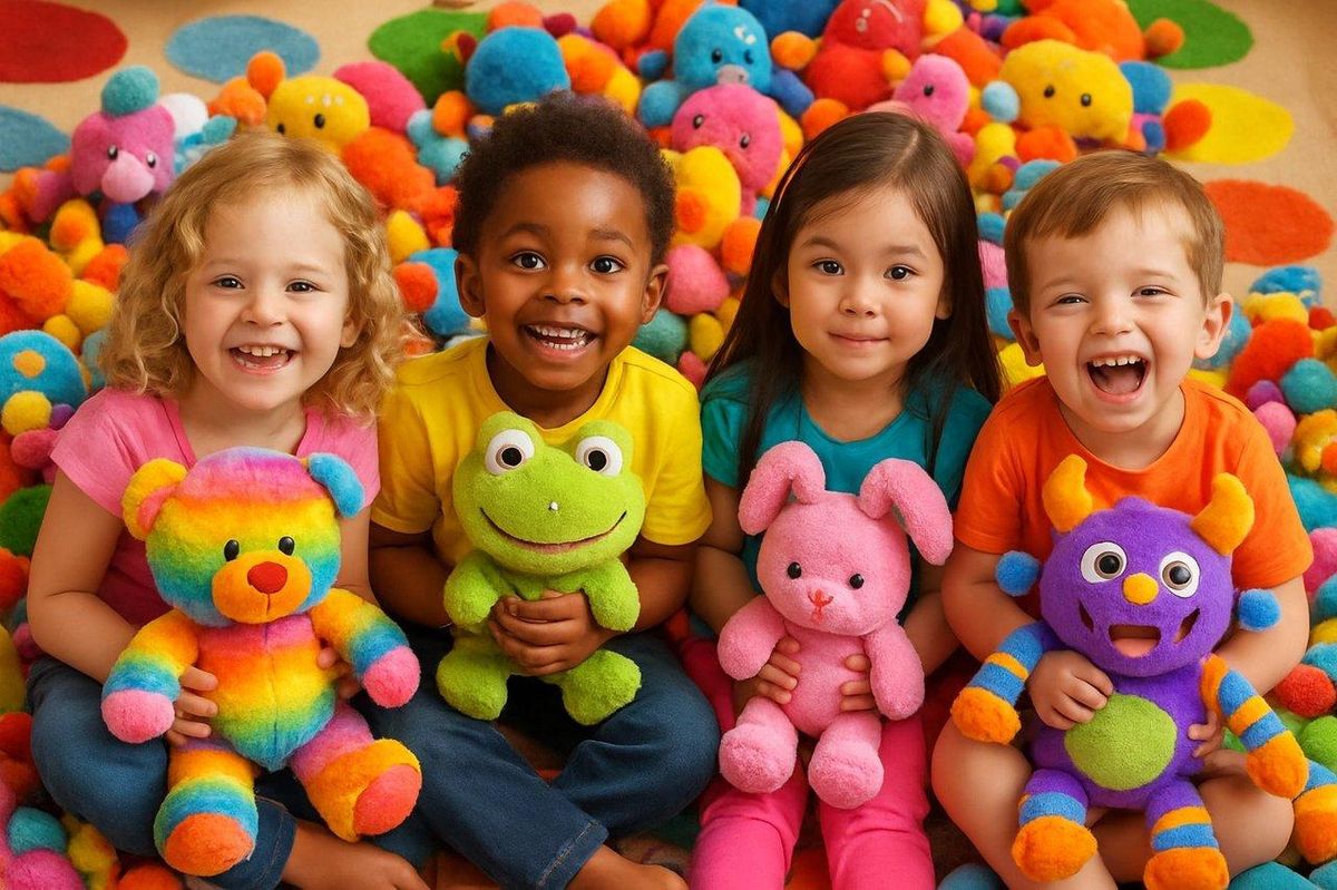 Peluches Labubu colorées en exposition lors d'une séance de jeu avec enfants et adultes.