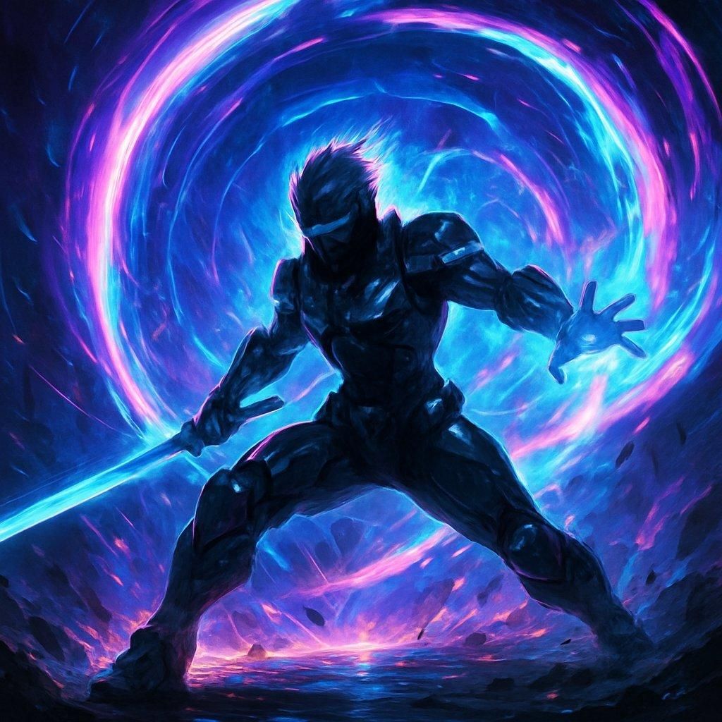 Personnage CL4NK, un guerrier futuriste, utilise une aura d'attaque pour éliminer plusieurs ennemis dans Megabonk.