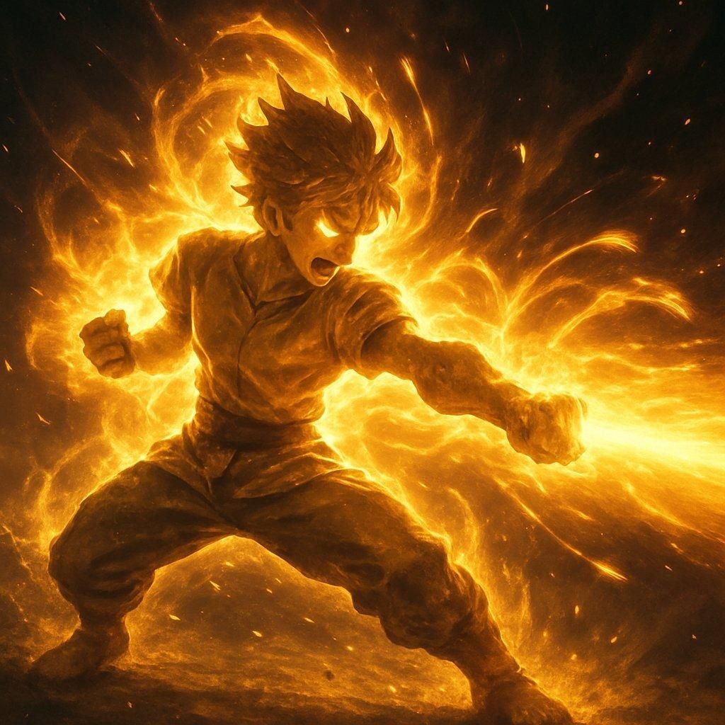 Personnage lumineux avec une aura brillante, attaquant automatiquement ses ennemis grâce à une attaque puissante.