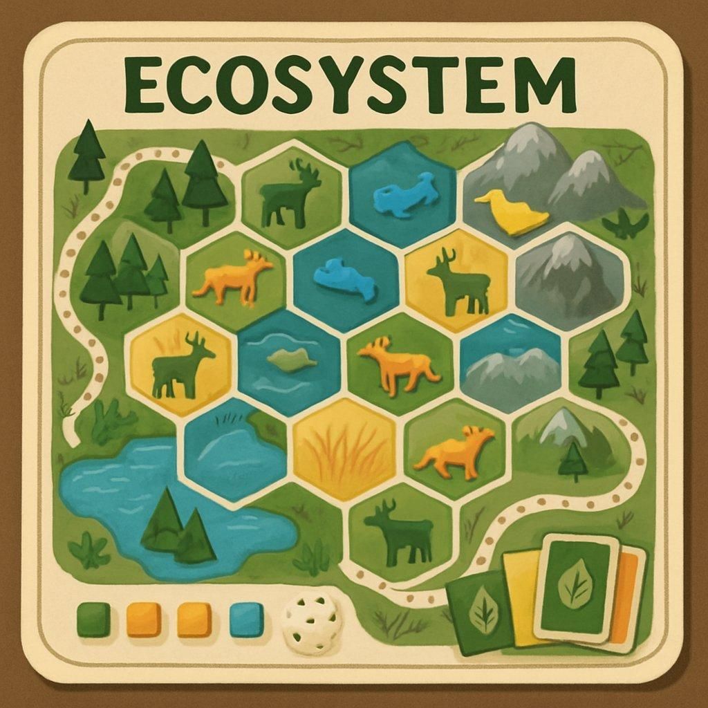 Plateau de jeu Ecosystem avec tuiles d'écosystème et jetons faune colorés pour un jeu de société collaboratif.