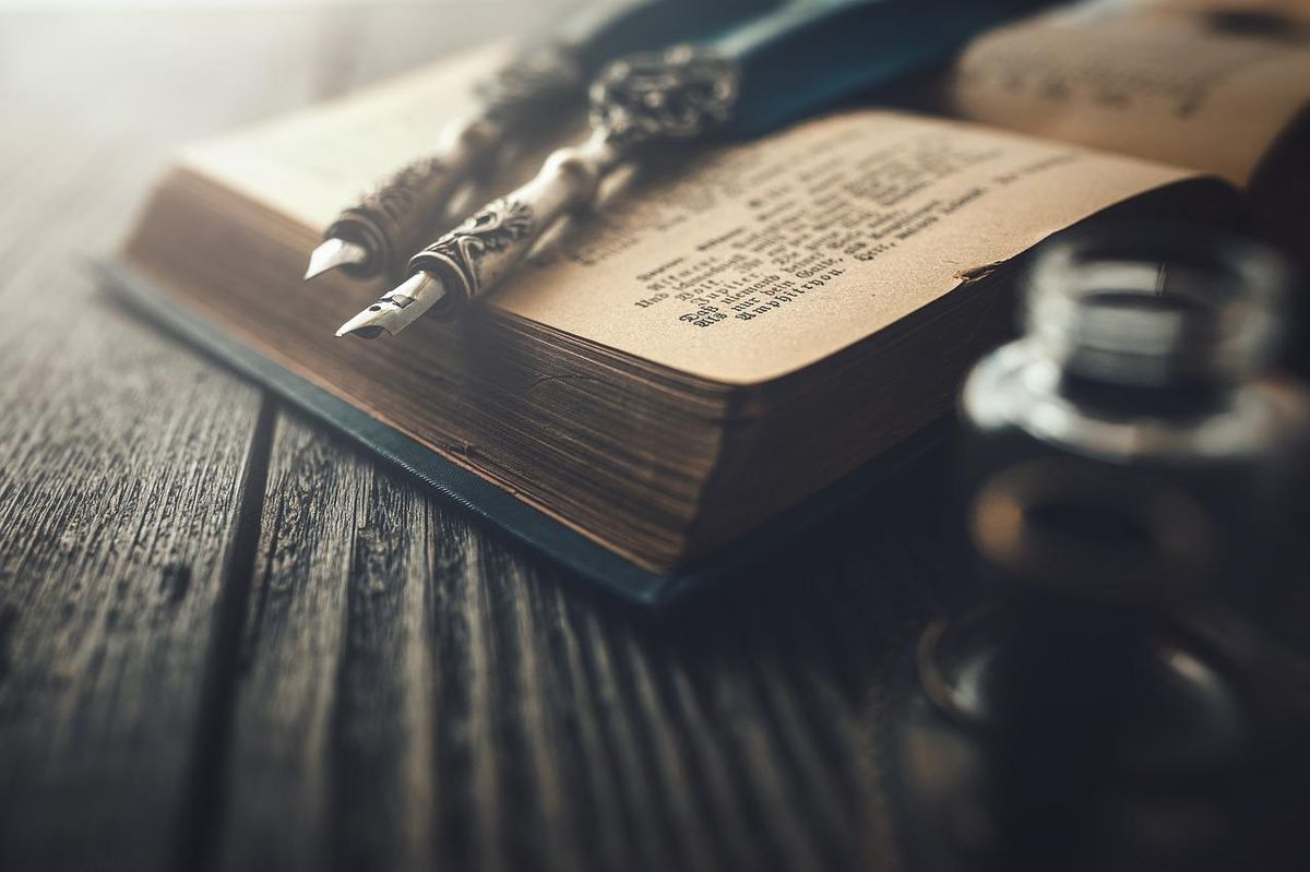 Plume enchantée sur vieux grimoire, secrets d'histoires d'horreur pour une nuit d'Halloween.