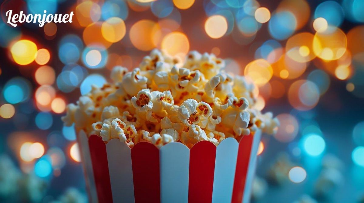 Popcorn éclatant sous un jeu de lumières, essentiel pour une soirée cinéma familiale réussie.