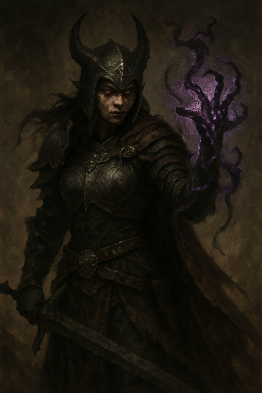 Portrait d’un fantasy warrior casting curse, déployant des effets de malédiction avec des améliorations critiques.