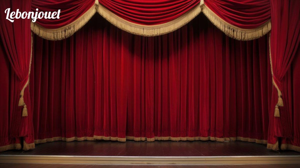 Rideau prêt à s'ouvrir sur un théâtre de marionnettes en contreplaqué, où l'imaginaire prend vie.