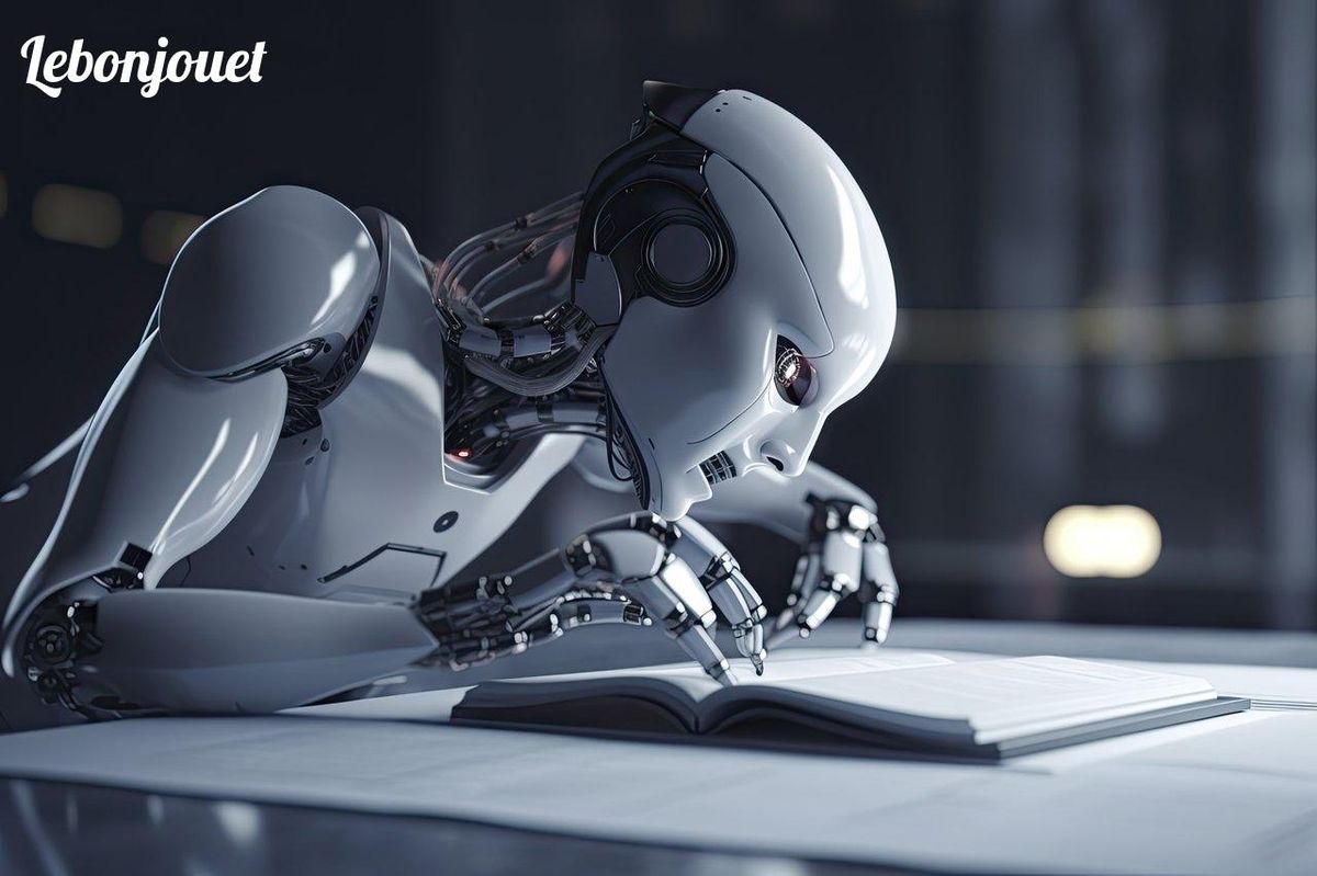 Robot lisant, symbole de l'apprentissage personnalisé et adaptatif pour les jeunes esprits.