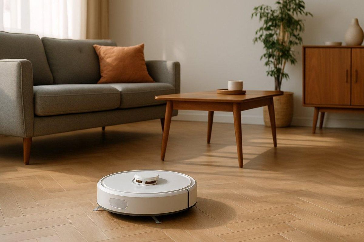 Robot vacuum cleaner Deebot X9 Pro Omni en fonctionnement dans un salon moderne et connecté.