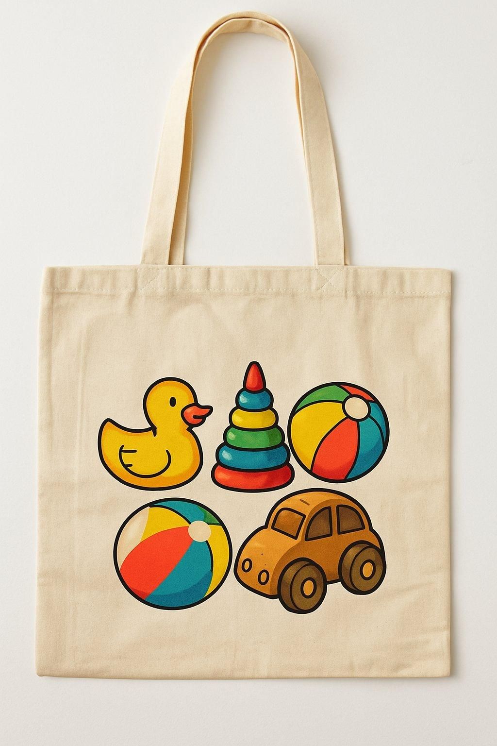 Sac en tissu réutilisable personnalisé avec des jouets colorés, idéal pour un achat écoresponsable lors du Black Friday.