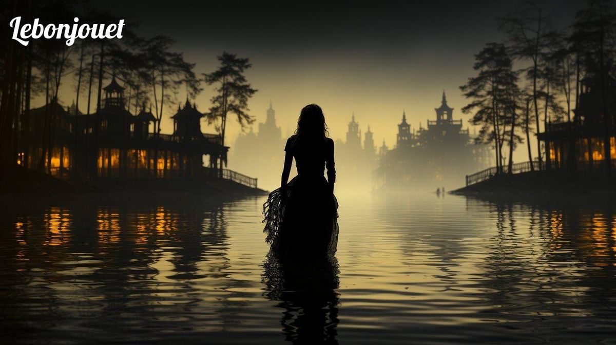 Silhouette envoûtante sur un lac sombre, évoquant le mystère du conte original.
