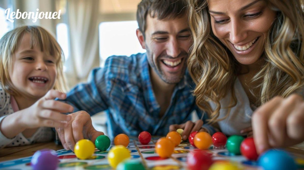 Sourires partagés autour d'un jeu, renforçant les liens familiaux dans la joie collective.