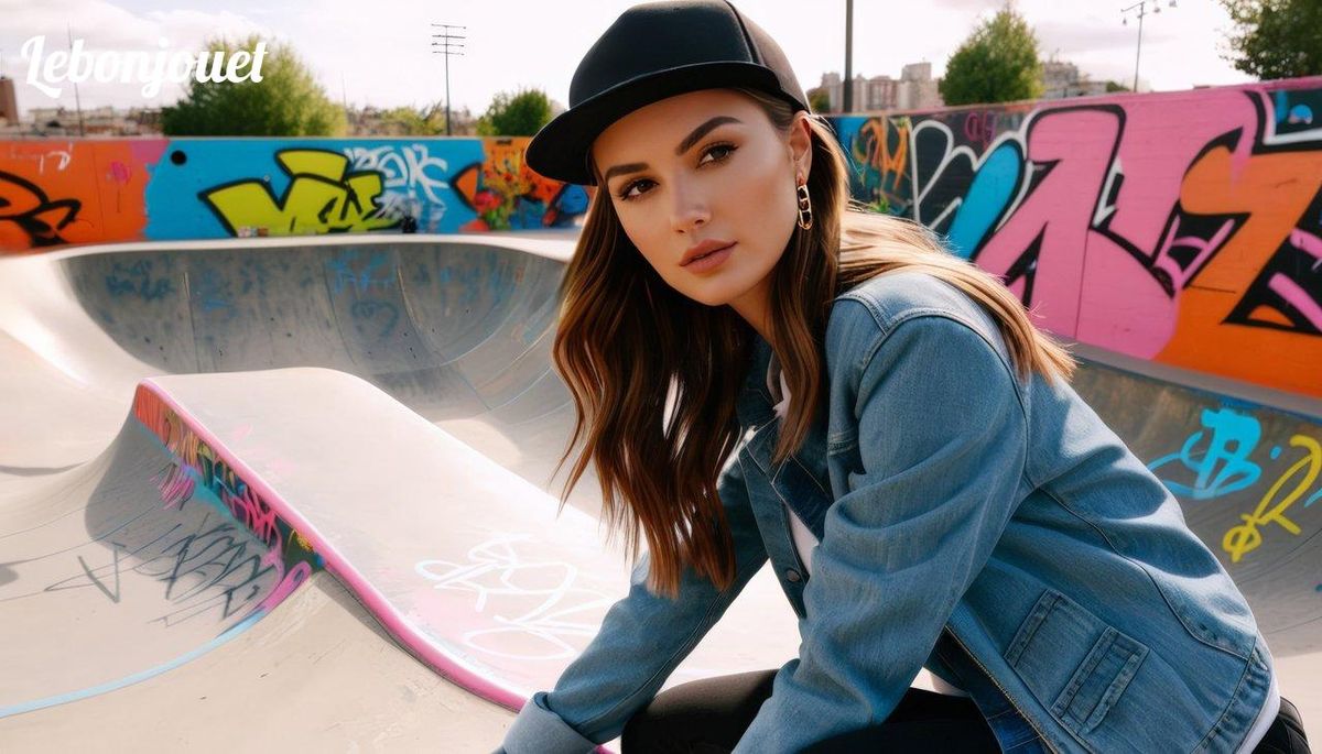 Streetwear vibrant au skatepark, clin d'œil à l'audace des collaborations Reine des Neiges 2.