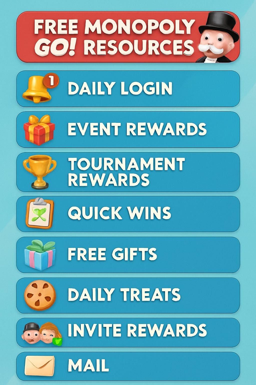 Tableau clair et coloré montrant sources gratuites de ressources dans Monopoly GO, interface mobile moderne.