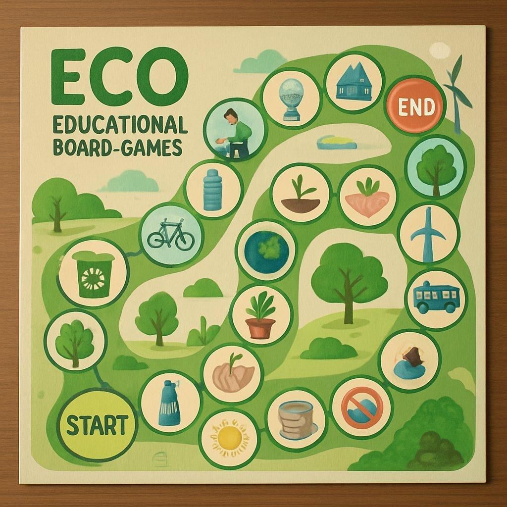 Tableau de jeux éducatifs écologiques pour enfants, illustrant différentes mécaniques et âges adaptés.