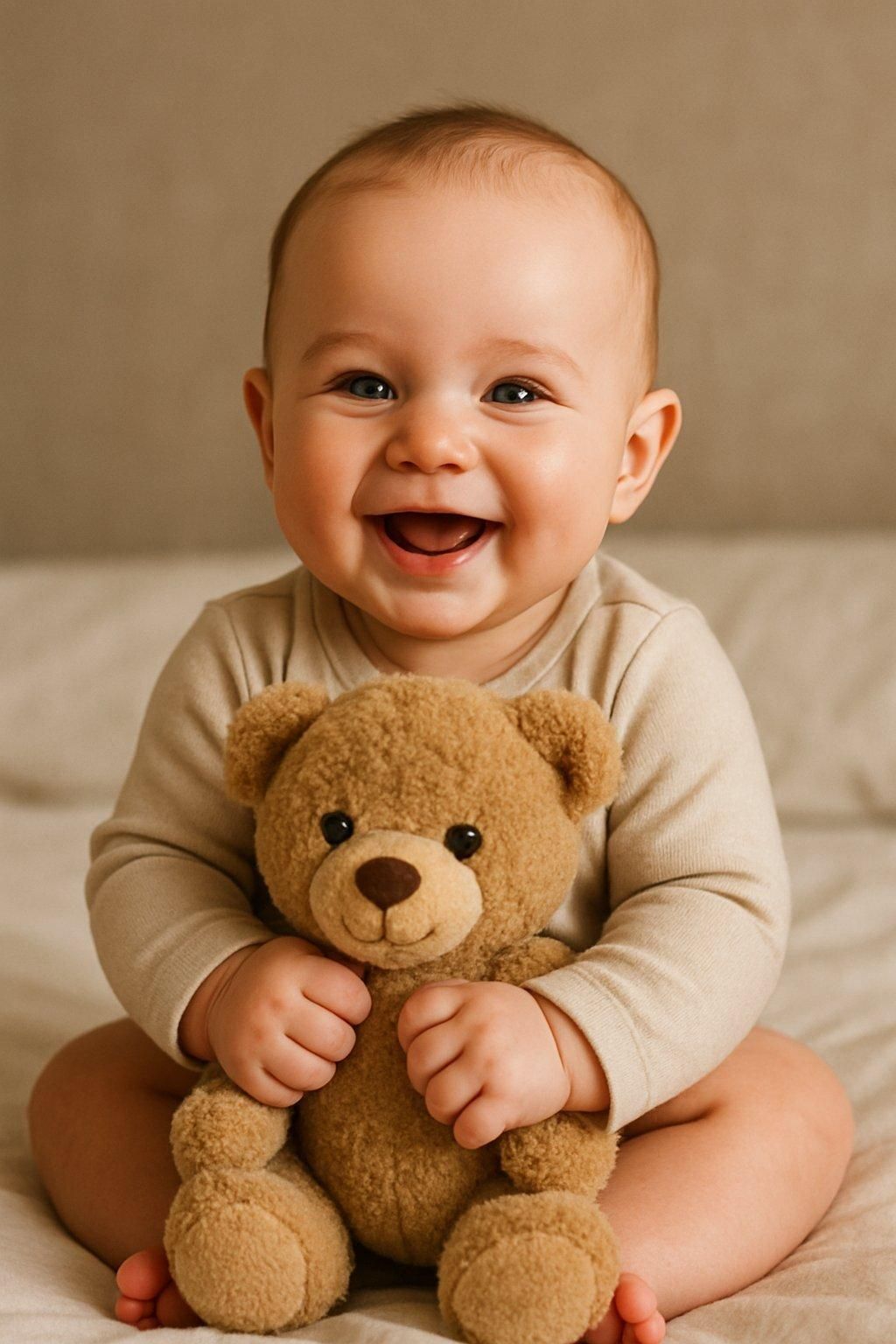 Un bébé souriant avec son doudou en peluche douce dans un environnement chaleureux et apaisant.