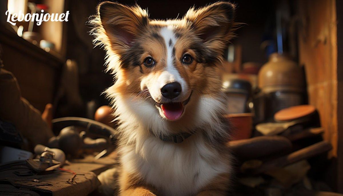 Un chien intelligent dans un atelier, prêt pour l'action - comme Ryder et ses amis courageux.