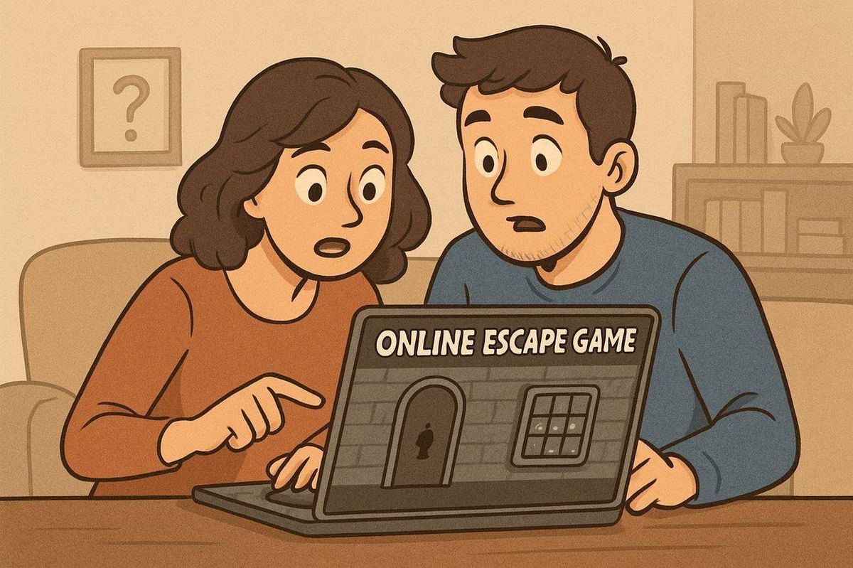 Un couple jouant à un online escape game, renforçant leur lien à distance grâce à un jeu coopératif.