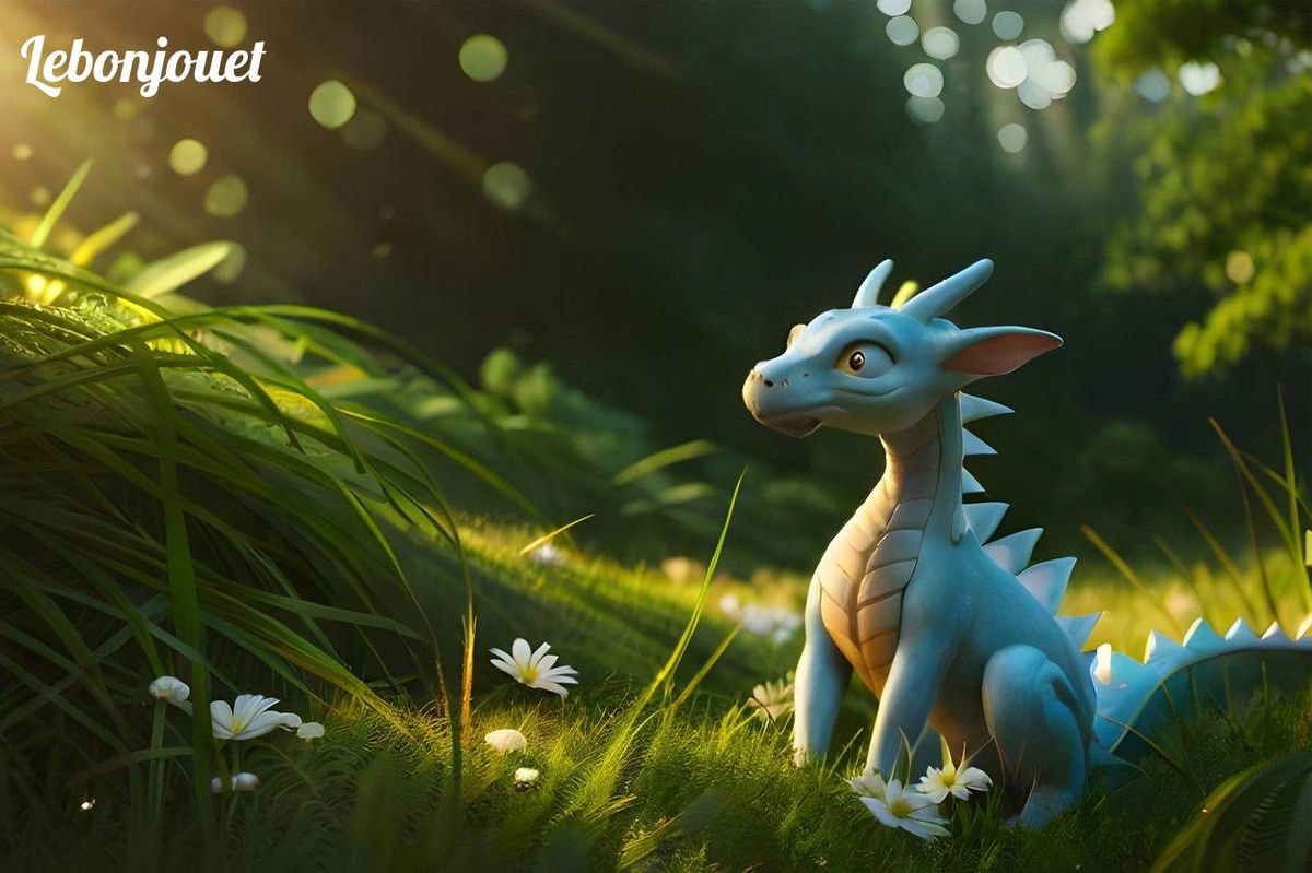 Un dragon rêveur illumine la forêt, évoquant l'héritage magique de Pokémon à travers le temps.