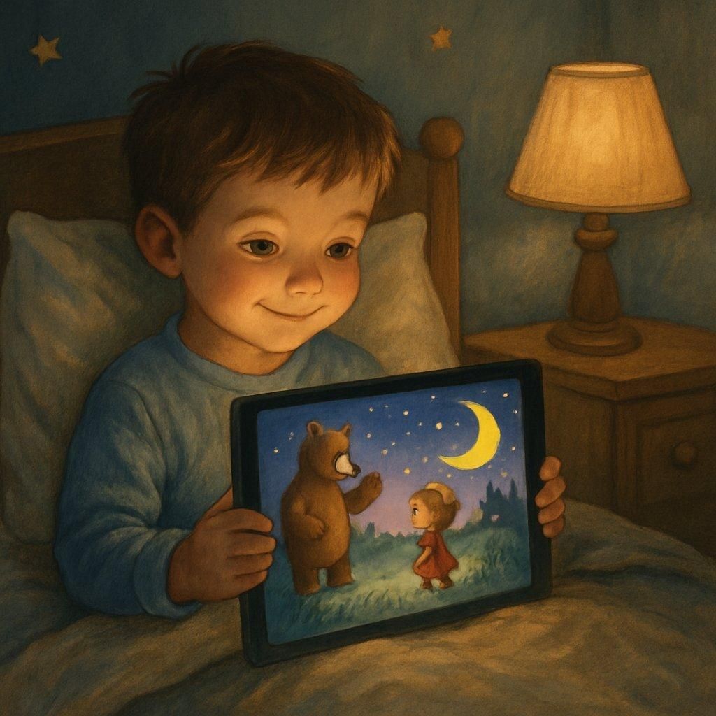 Un enfant écoute une histoire Avengers sur tablette dans sa chambre calme avant le coucher, favorisant un endormissement paisible.