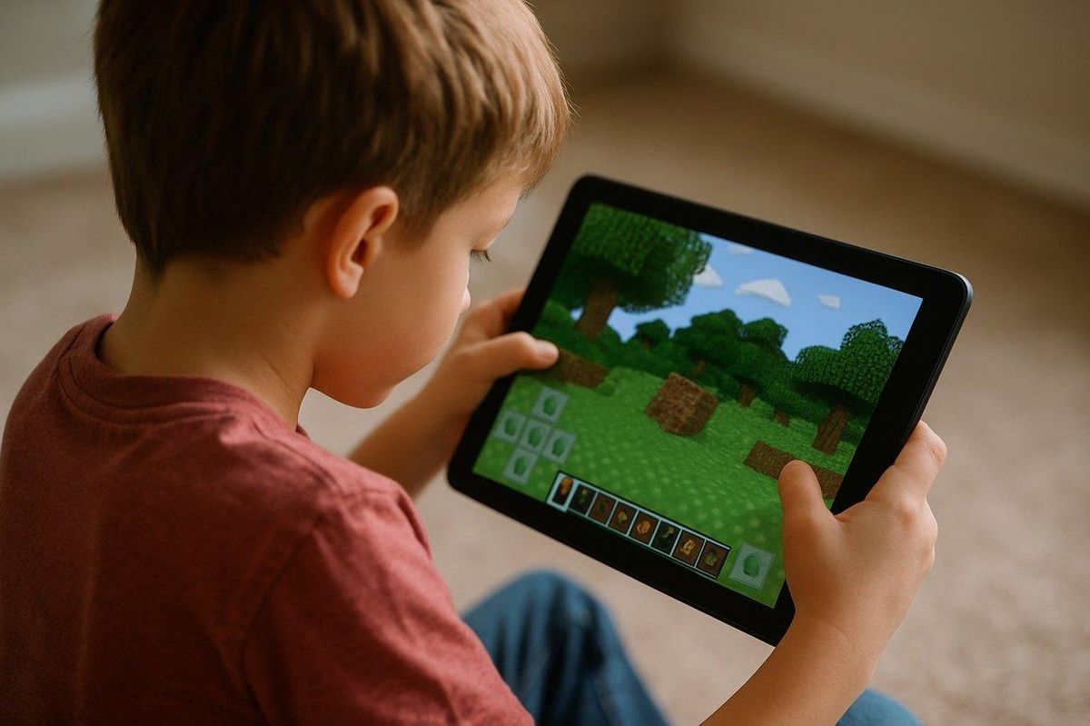 Un enfant jouant à Minecraft sur tablette, créant une structure colorée dans un univers pixelisé.