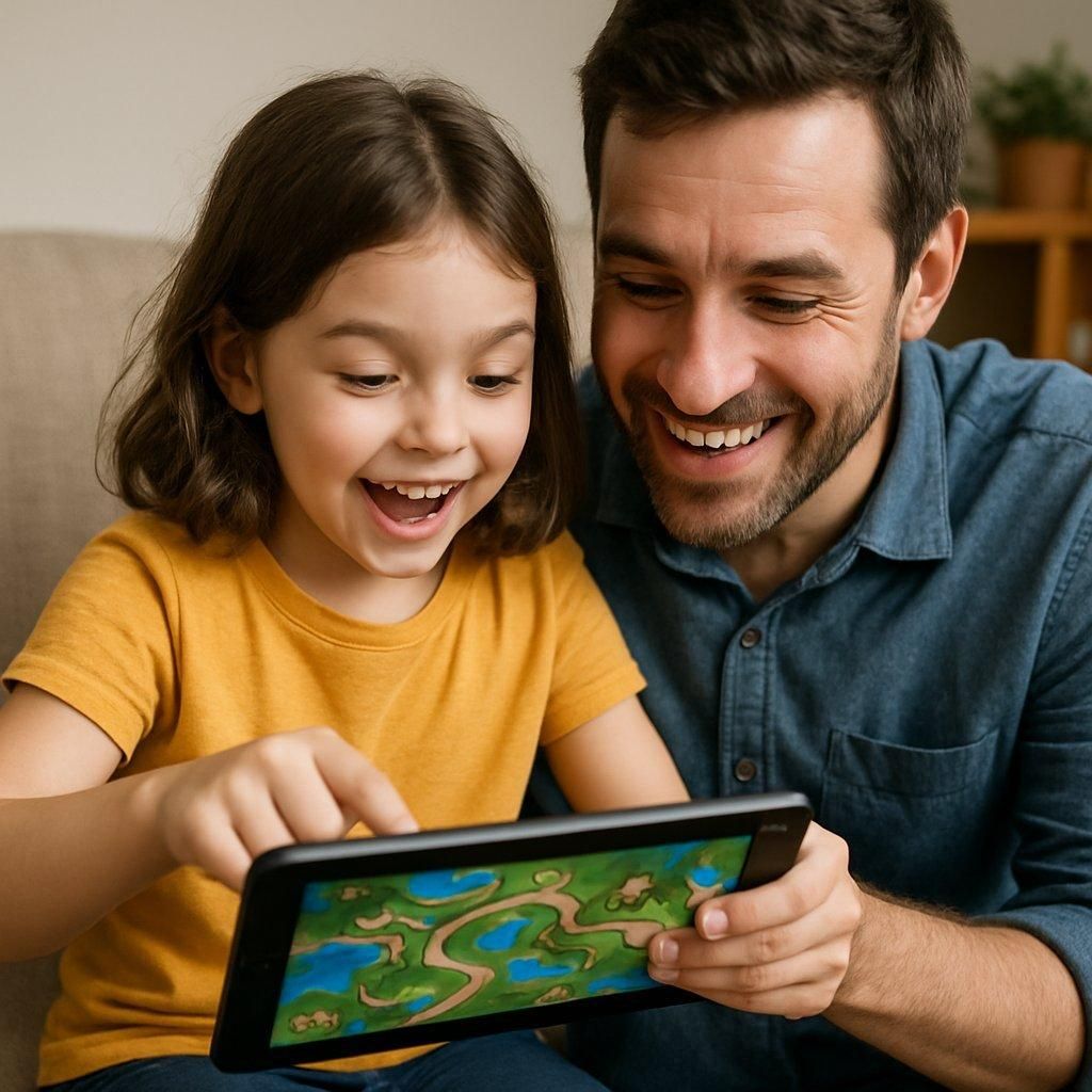 Un enfant jouant à un jeu de société sur tablette avec un parent, favorisant coopération et concentration.