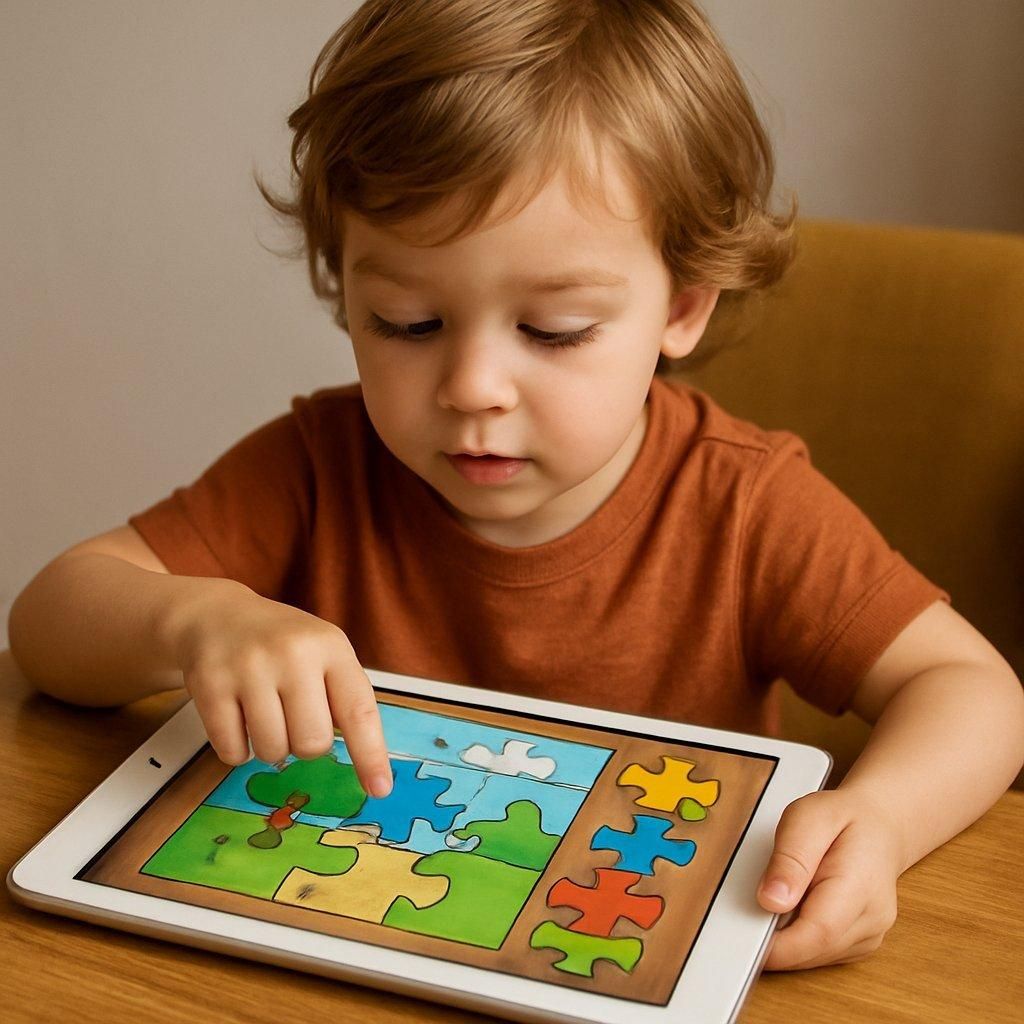Un enfant jouant à un puzzle numérique sur tablette, favorisant l'apprentissage ludique et adapté.