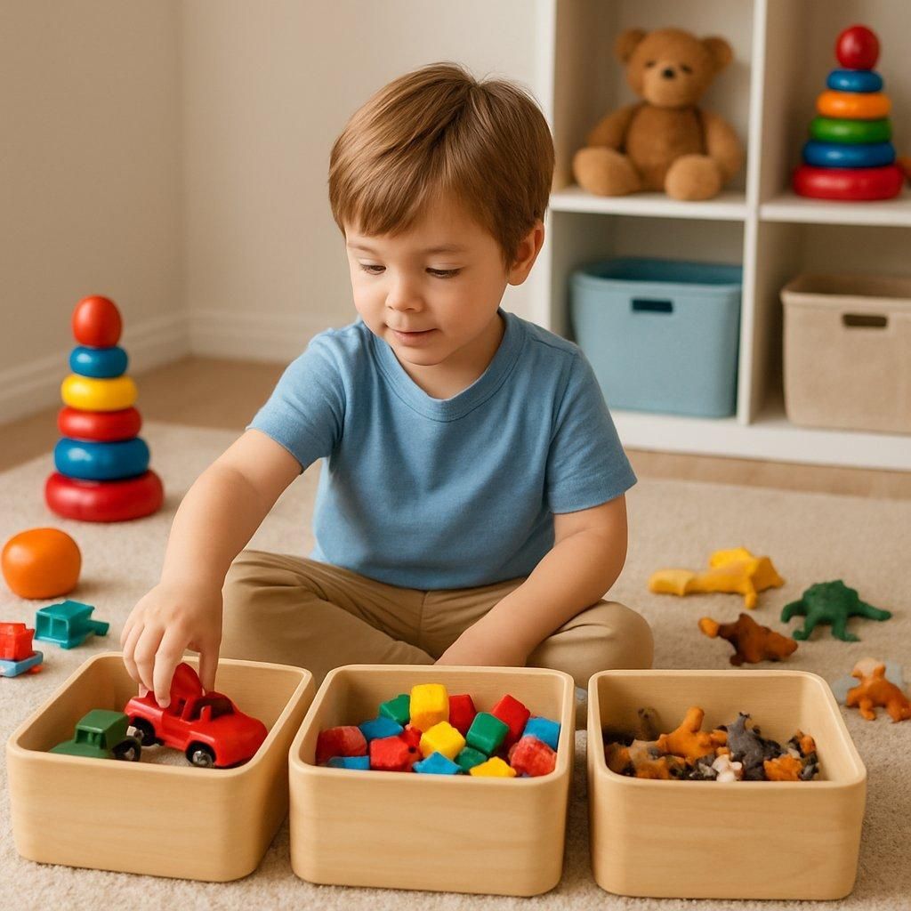 Un enfant organisant ses jouets dans des caisses à hauteur adaptée pour prévenir le surmenage.