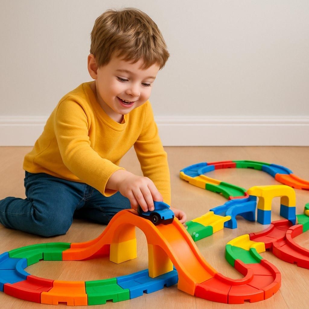 Un enfant s'amuse avec un circuit modulable coloré de jouet Sky Trails Playmobil, idéal pour Noël 2025.
