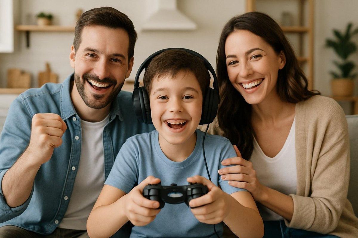 Un enfant souriant en pleine séance de gaming, entouré de ses parents rassurants, dans un contexte de soutien.