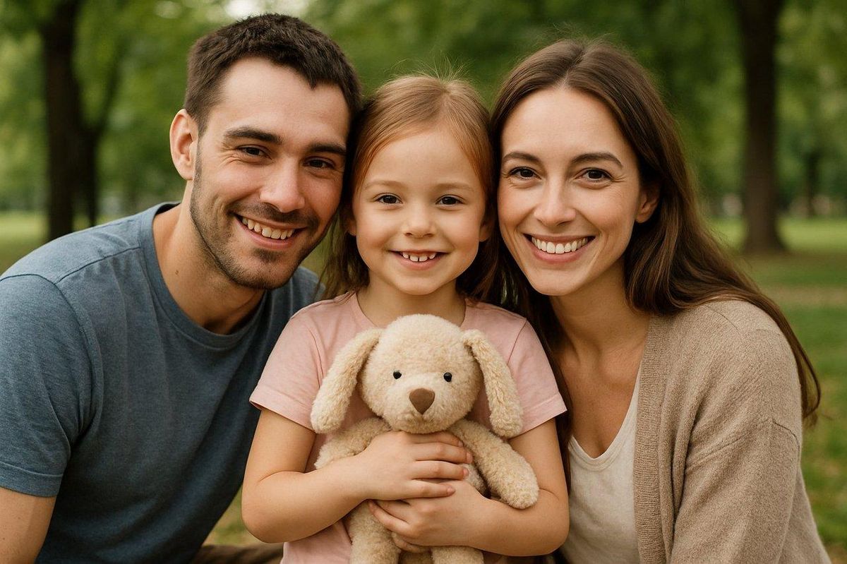 Un enfant tenant son doudou avec ses parents, symbole d'une séparation douce et apaisée.
